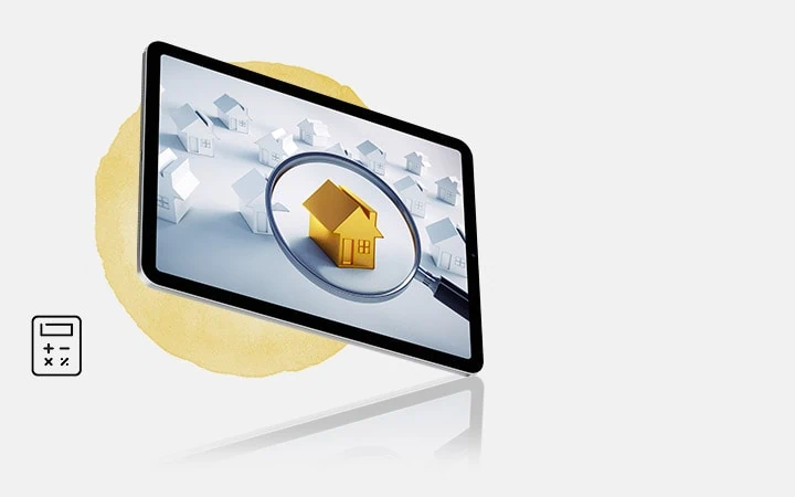 Immobilienwertrechner: Bild zeigt Tablet mit einer Lupe die wiederum auf eine Immobilie zeigt